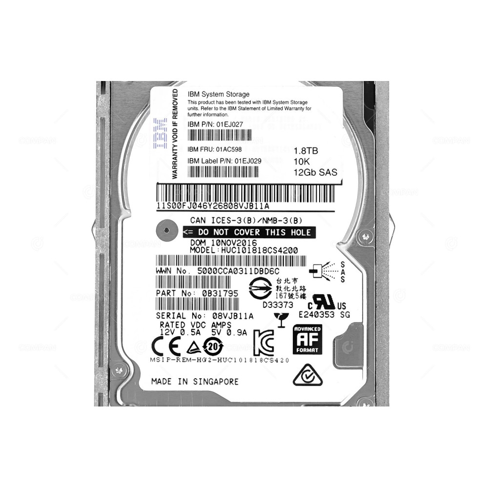 01AC598 IBM HDD 1.8TB 10K SAS 12G 2.5" SFF FOR IBM STOREWIZE V5000 G1 G2